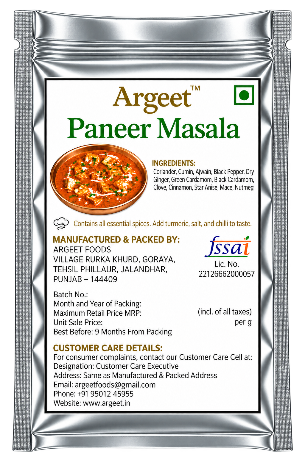 Argeet Paneer Masala Pouch